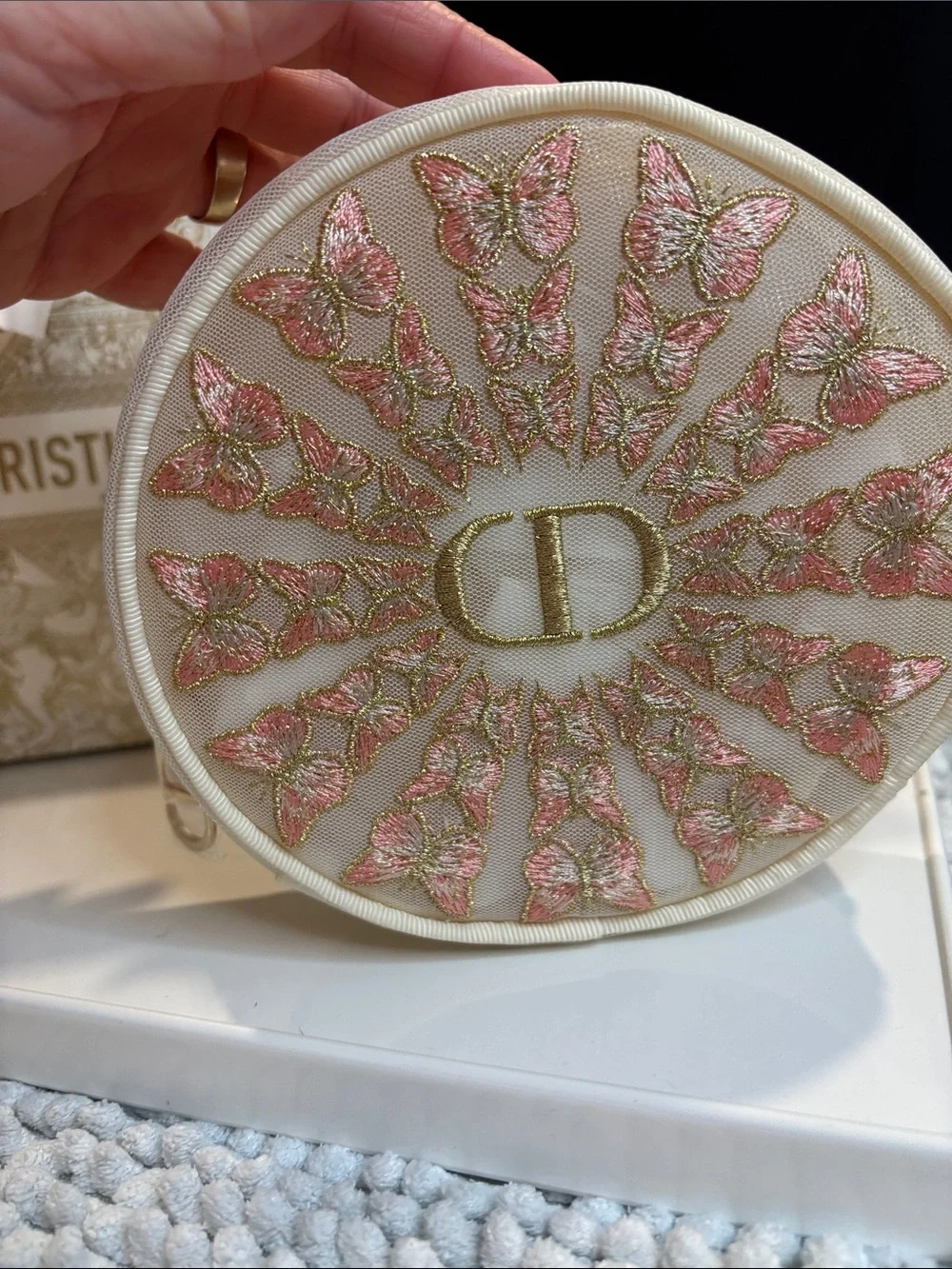 Dior Cream Round Pouch with Pink Butterfly Embroidery & Dior Bag